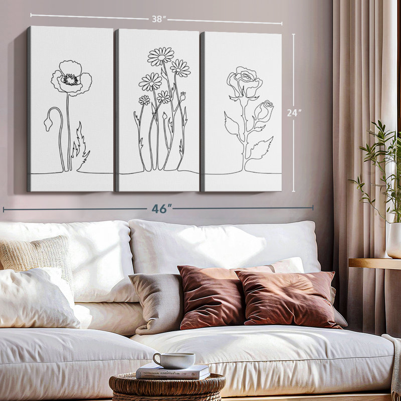 «One Line Flowers» sur toile, H 24 po x l 38 po x P 1,25 po