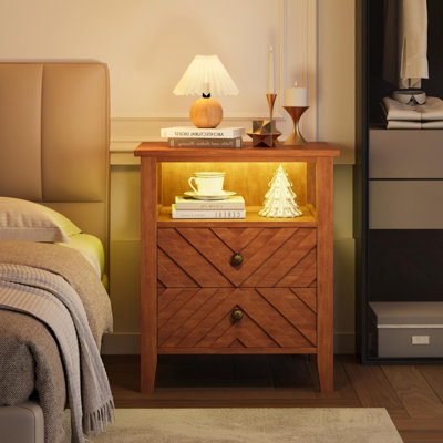 Table de chevet à DEL avec 2 tiroirs de rangement et pieds en bois stables, table de chevet de style campagnard avec tablette en V et tablette de rangement ouverte, table de chevet en bois rustique pour le salon de la chambre à coucher