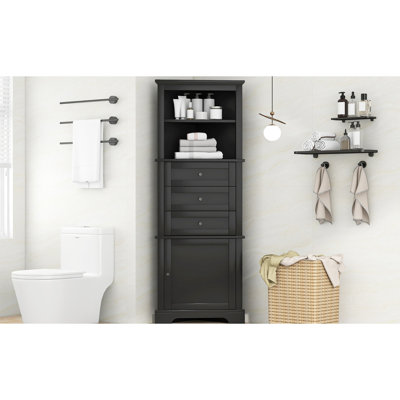 Armoire de salle de bain, de cuisine, de salon - modèle triangulaire noir 3 tiroirs, tablettes réglables, poignées en métal et eau hautes pour la décoration intérieure