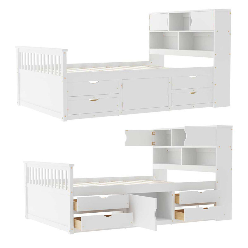 Structure de lit plateforme en bois pleine grandeur avec tablettes et quatre tiroirs, Blanc
