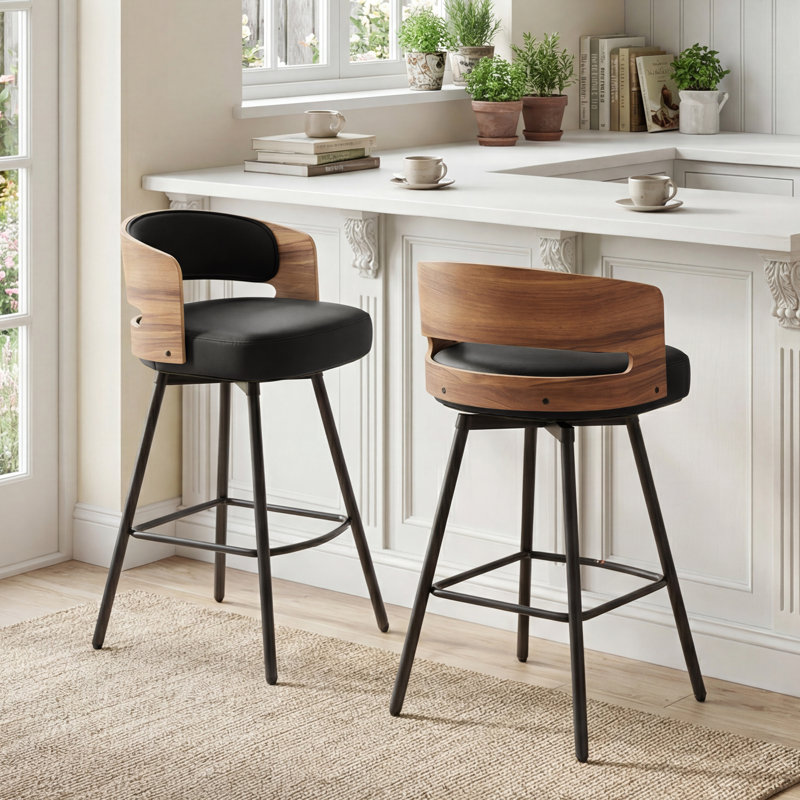 Swivel Upholstered Counter Stool with Metal Frame, Black