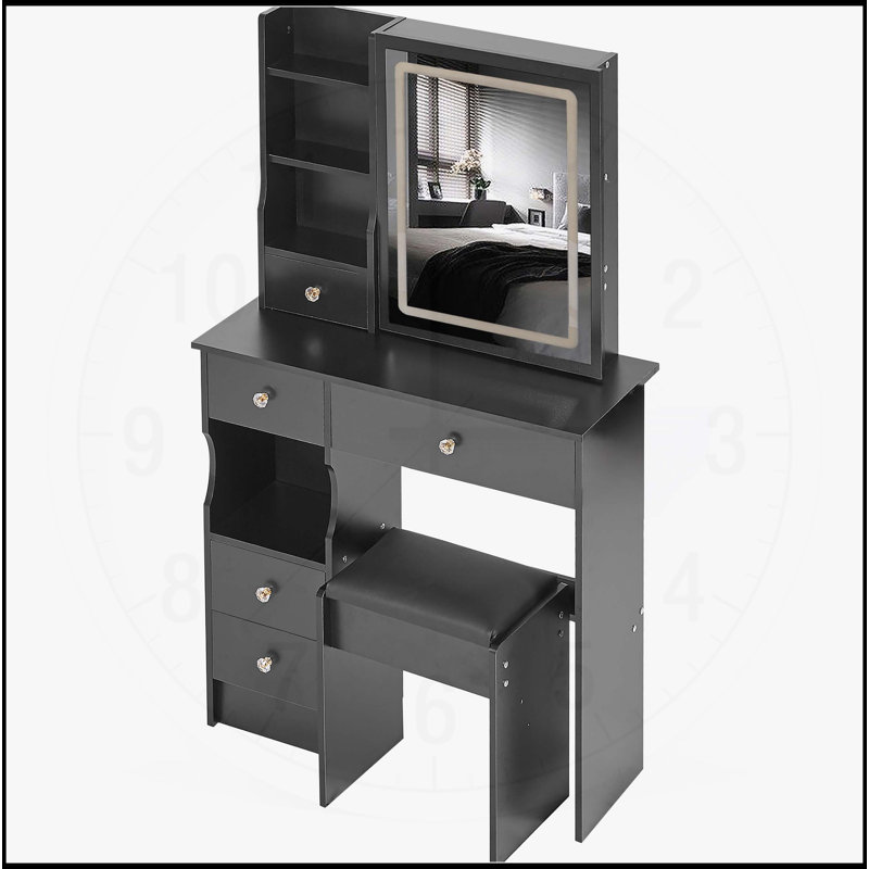 Compact Desktop Vanity Table with Advanced LED Mirror and Ample Storage, Black