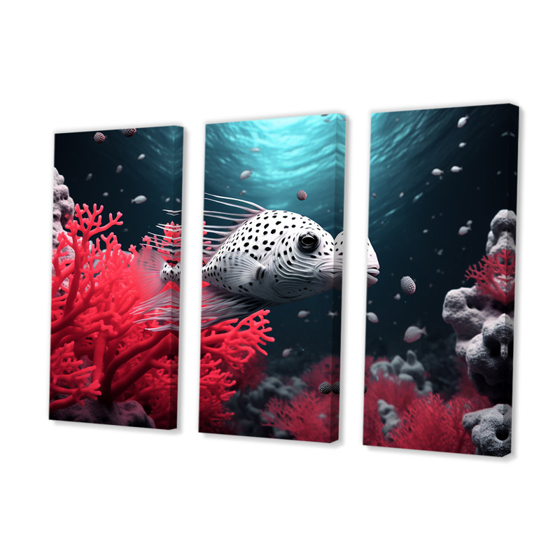 The Graceful Pufferfish - Coastal Coral Under Water, ensemble d'art sur toile, H 28 po x l 36 po