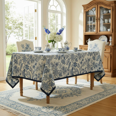 Nappe bleue florale en lin rectangulaire 55 po x 71 po lavable pour l'Action de grâce et pour Noël