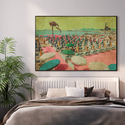Très grande reproduction d'art sur tissu - Parasol de plage coloré et chaises, scène rétro de station balnéaire pour maison de plage ou patio, décoration pour salon ou chambre à coucher