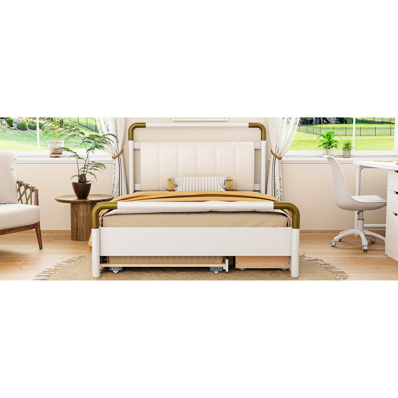 Grand lit plateforme blanc avec 2 grands tiroirs et un lit gigogne pour un espace de vie confortable et élégant, Blanc