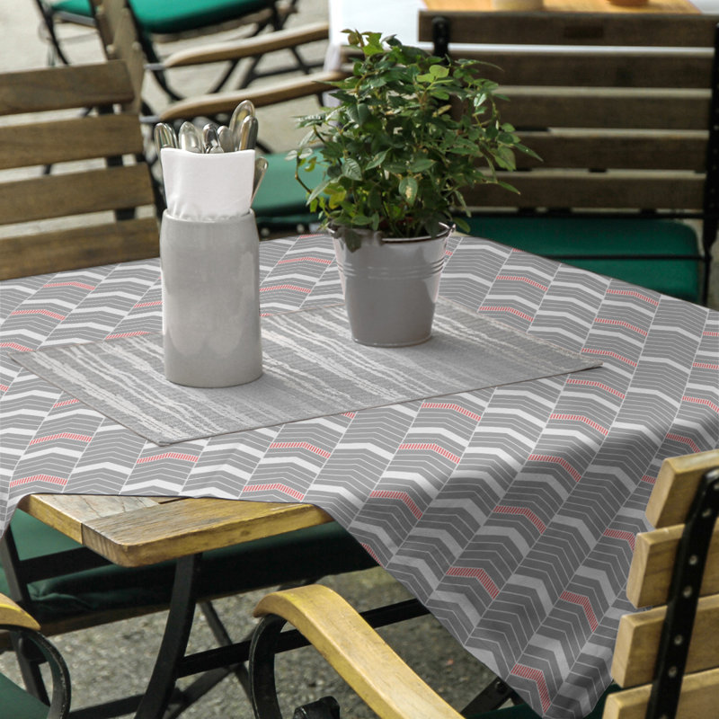 Stephenie Lined Chevrons Tablecloth, Gray/White/Red