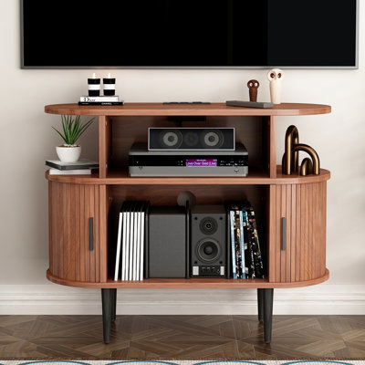 Grand support de tourne-disque rond avec station de charge et ports USB, armoire de rangement de disques, support de table tournante moderne Mid-Century pour le salon de la chambre à coucher (Noyer)