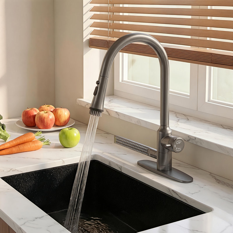 Pull-Down Kitchen Faucet With Side Sprayer & Built-In Cleaning Brush, 3 Spray Modes High-Arc Sink Faucet, Gun Gray
