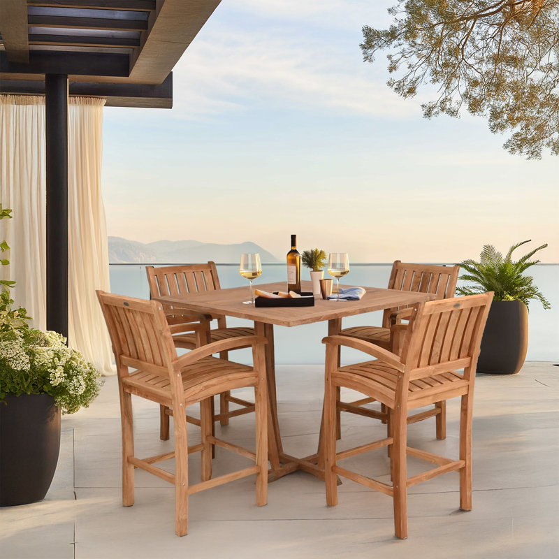 Teak Wood Bistro Bar Set Including 35" Square Miami Bar Table And Abacho Barstools With Arms, 4