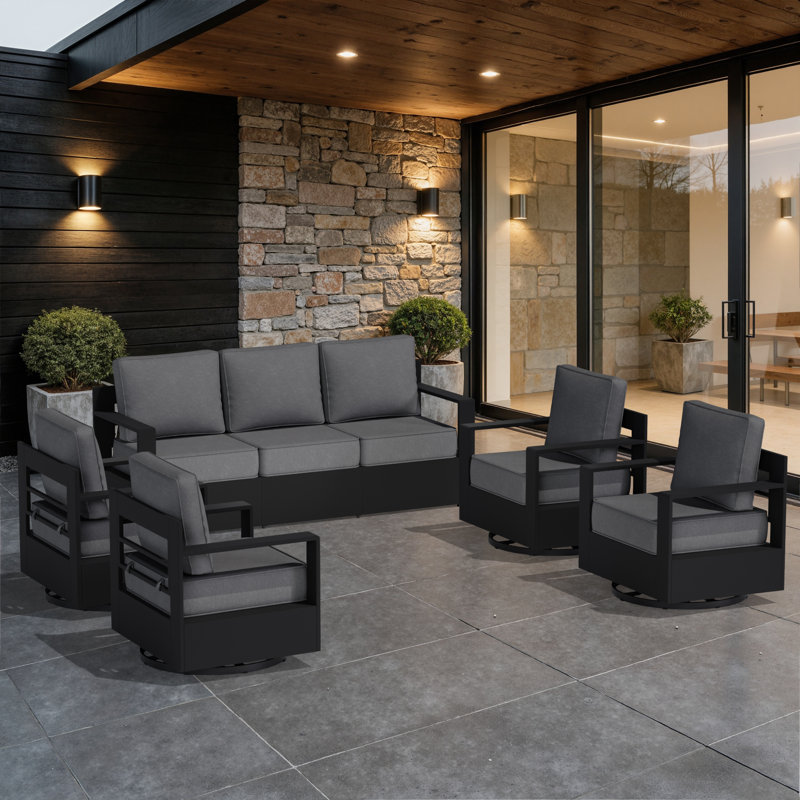 Abdullah 5-Piece Modern Aluminum Outdoor Patio Furniture Set with 4 Swivel Chairs and Grey Cushions, Gray