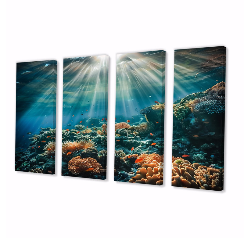 «Little Fishes God Rays Deep Ocean Orange Coral», reproduction d'art sur toile 4 pièces, H 28 po x l 48 po