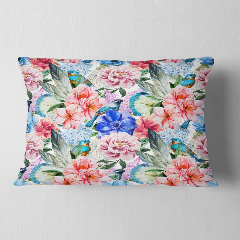 Coussin lombaire en aquarelle de fleurs colorées et oiseaux fleur