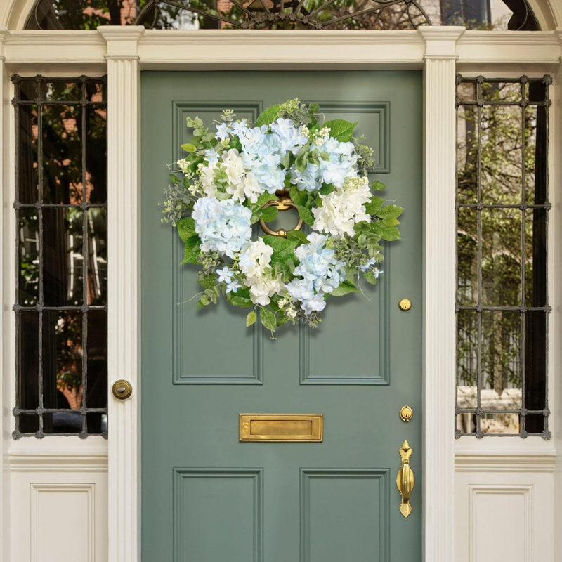 Décoration murale porte de printemps hortensia artificielle eucalyptus 20 po, bleu clair, blanc, vert, printemps, été, porte d'entrée