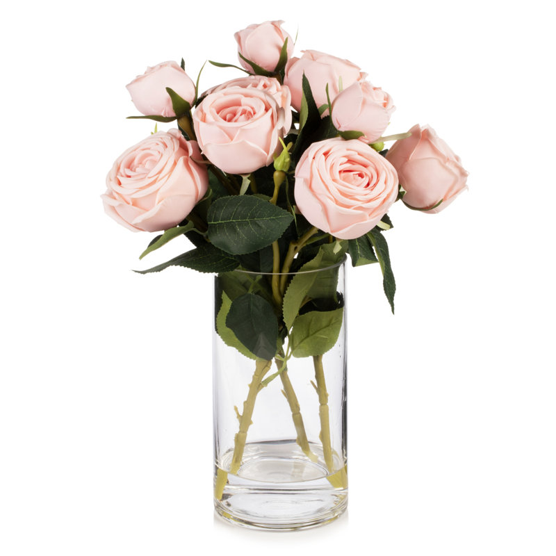 Light Pink Silk Rose Arrangement in Clear Glass Vase