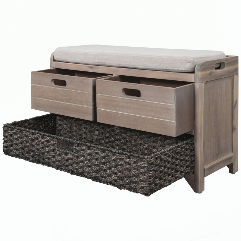 Banc de rangement avec panier amovible et 2 tiroirs, White Washed