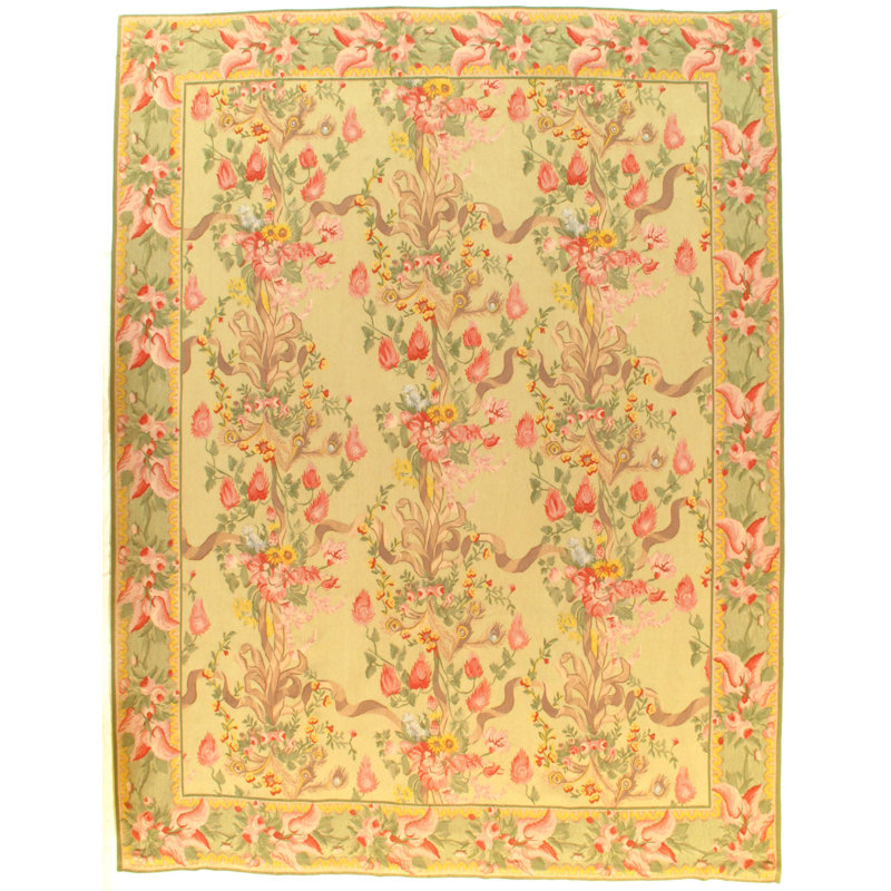 French Aubusson Wool Floral Area Rug in Light Green/Ivory
