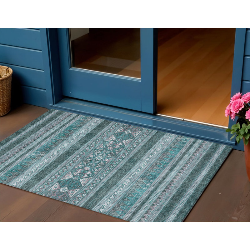 3' X 5' Teal Blue Ivory And Gray Southwestern Washable Indoor Outdoor Area Rug