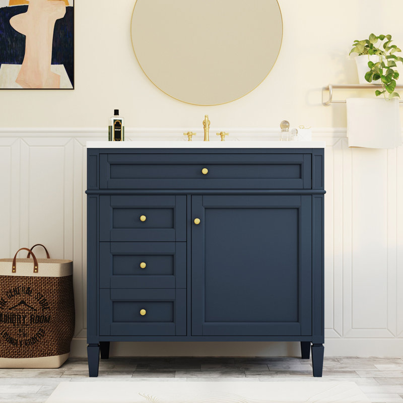 Meuble-lavabo simple 36 po Yinon, Bleu très foncé, Doré