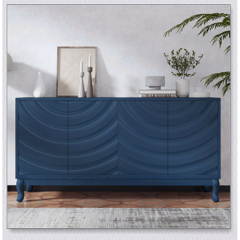 Élégant buffet doté de portes à motif ondulé sophistiquées avec un design à rainures arquées dans un agencement élégant à quatre portes, réglable, adapté pour le bureau, le vestibule et le salon