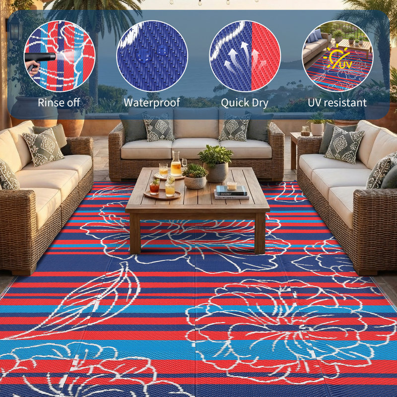 Outdoor Waterproof Rug, Floral Outdoor Area Rug，Outdoor Furniture Patio Furniture Reversible Plastic Straw Patio Rug, Portable Camping Mat for RV, Picnic, Beach, Balcony, Garden & Camping