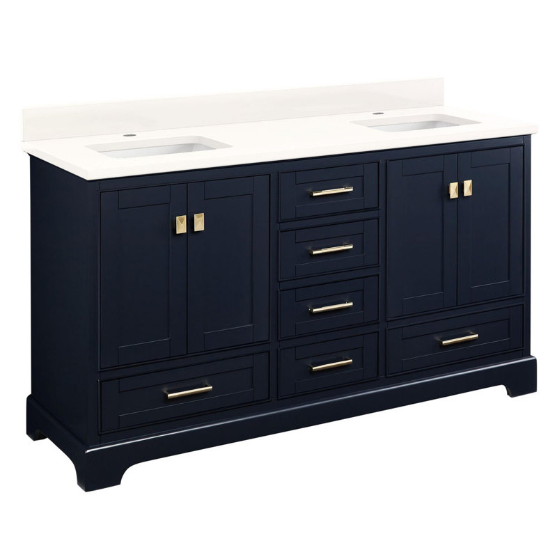 Quen 60" Freestanding Double Basin Vanity Set with Cabinet, Vanity Topss, Midnight Navy Blue, Single Hole