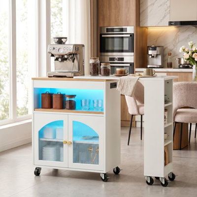 Kitchen Island Cart with Power Outlets & USB, Rolling Storage Cart on Wheels with LED Lights & Locking Casters