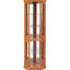 Vitrine d'angle avec système d'éclairage, bois d'ingénierie en chêne foncé, intérieur à deux sections, tablettes en verre réglables, vitrine éclairée à miroir en arrière, portes à fermeture latérale, tablettes, pour cerisier ou or