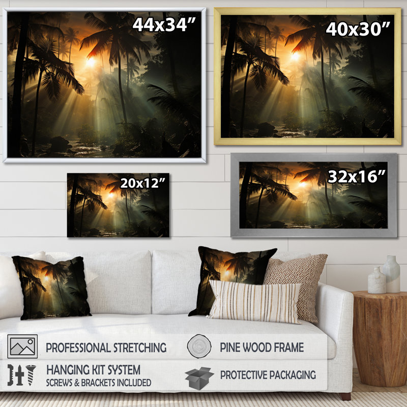 Palmiers Sunsert sur toile, H 12 po x l 20 po x P 1 po, Cadre flottant doré
