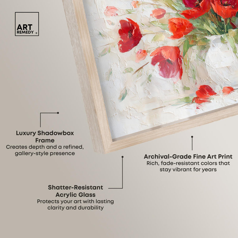 «Red Blooms in a Vase Shadowbox», art mural occidental par Art Remedy, 31" H x 37" W, Cream
