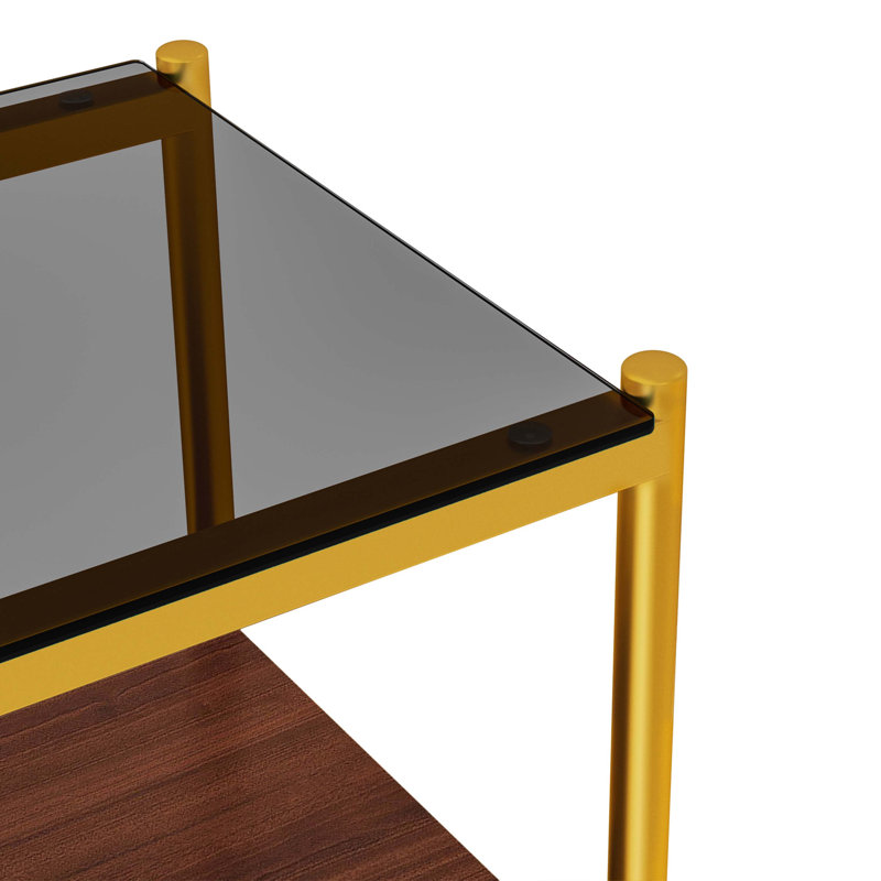 Set of 2 Rectangle End Table, Tempered Glass Tabletop with MDF layer, Glass, Gold, Gray