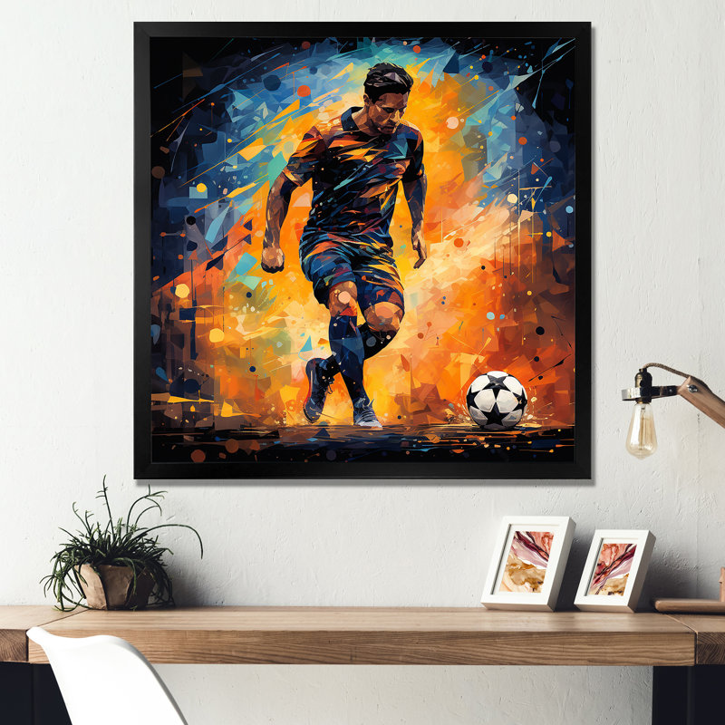 Joueur de soccer vert et jaune II - soccer, art mural, Cadre flottant doré, H 16 po x l 16 po x P 1 po