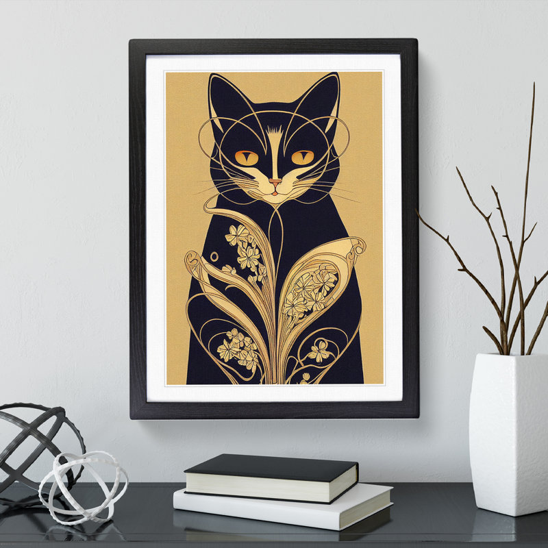 Cat Art Deco No.4 - Single Picture Frame Print, 46cm H x 34cm W x 2cm D, Black