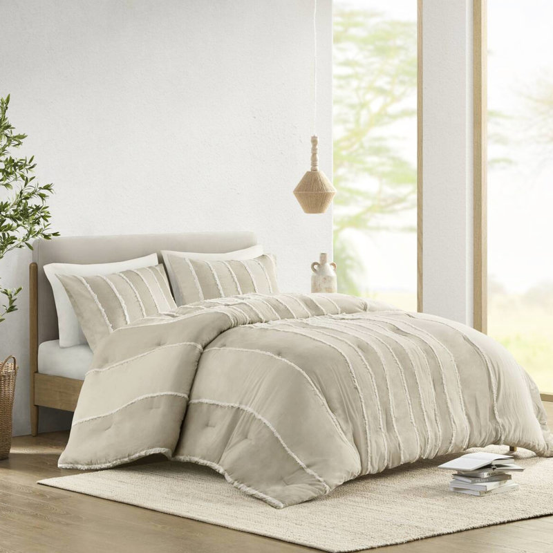 Ensemble d'édredon 3 pièces en taupe double / grand - 100% coton, rayures alternées, rembourrage, garniture, entretien, lavage