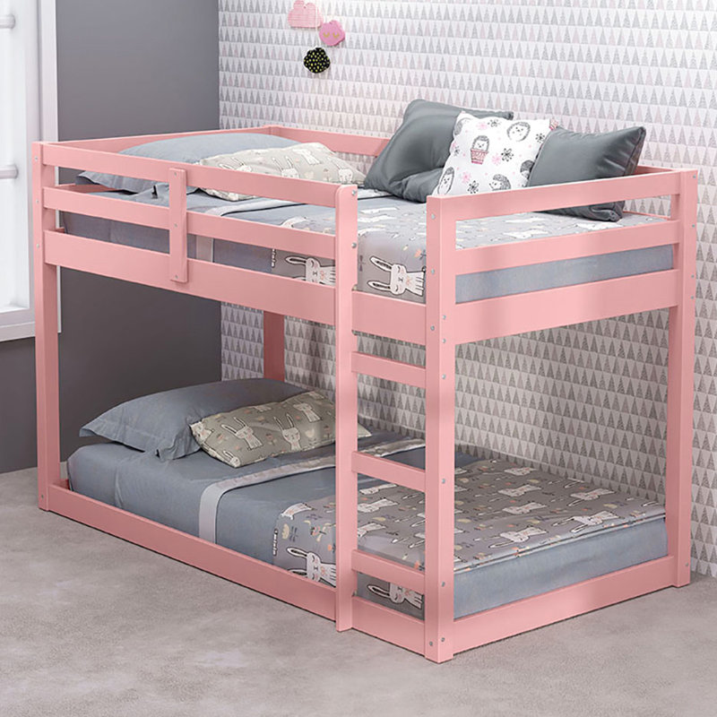 Lit mezzanine simple rose en bois massif - Structure à 13 lattes pour le soutien du matelas et la circulation de l'air avec protection de montée intégrée, système robuste en bois, durabilité, passage