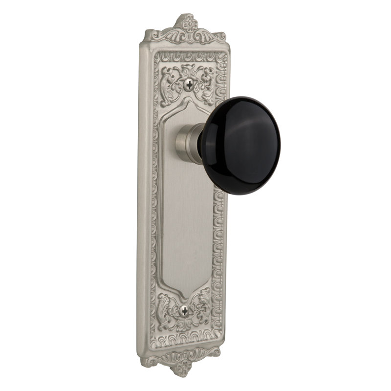 Egg & Dart Plate with Black Porcelain Door Knob, Satin Nickel, 2.75