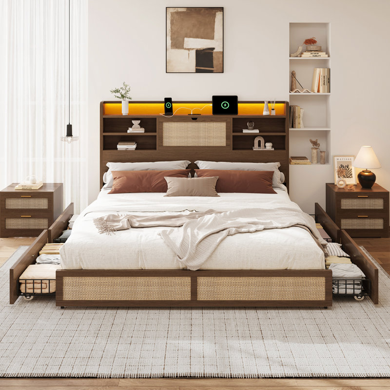 Bed Frame With 4 Drawers For Storage, A Rattan Bedside Storage Cabinet That Flips Down, An Inbuilt Charging Station And Led Lights