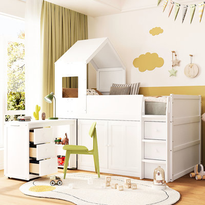Lit mezzanine simple en bois gris avec fenêtre - Toit de style maison embelli, bureau à roulement lisse et tiroirs de rangement sous le lit