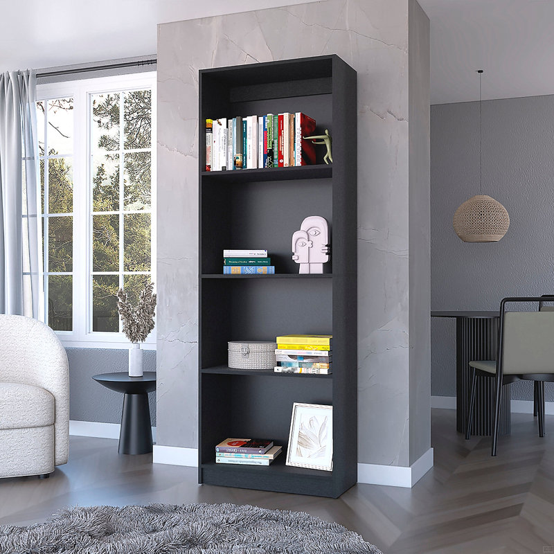 Milton Bookcase with Tier Storage Shelves, (4 Shelves) 71.11" H x 24.71" W x 11.71" D, Black