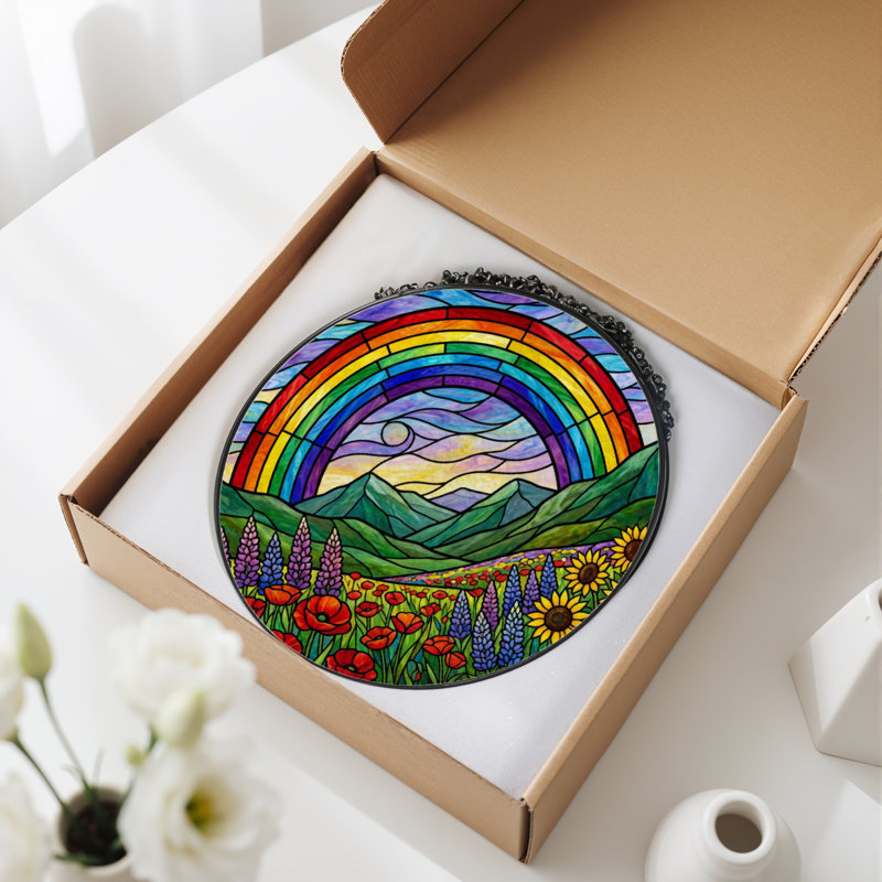 7.8"H Rainbow Landscape Stained Glass Window Panel, 7.8" H x 7.8" W