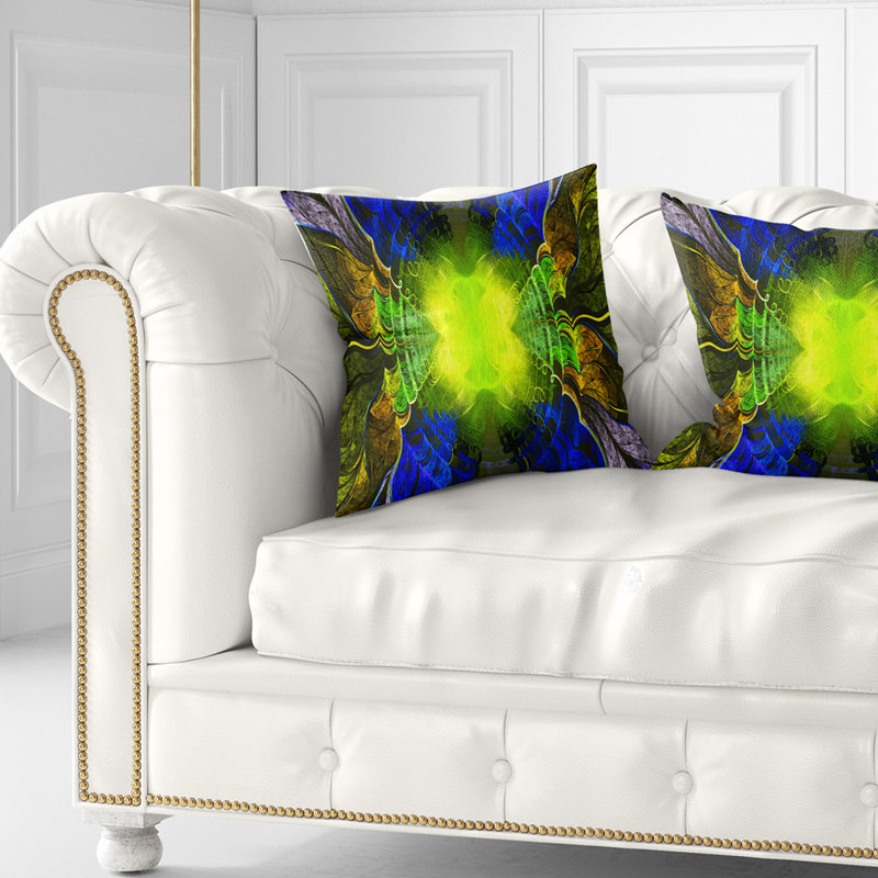 Vitrail vert doré fractal - Coussin imprimé abstrait, 16 po x 16 po, Coussin décoratif
