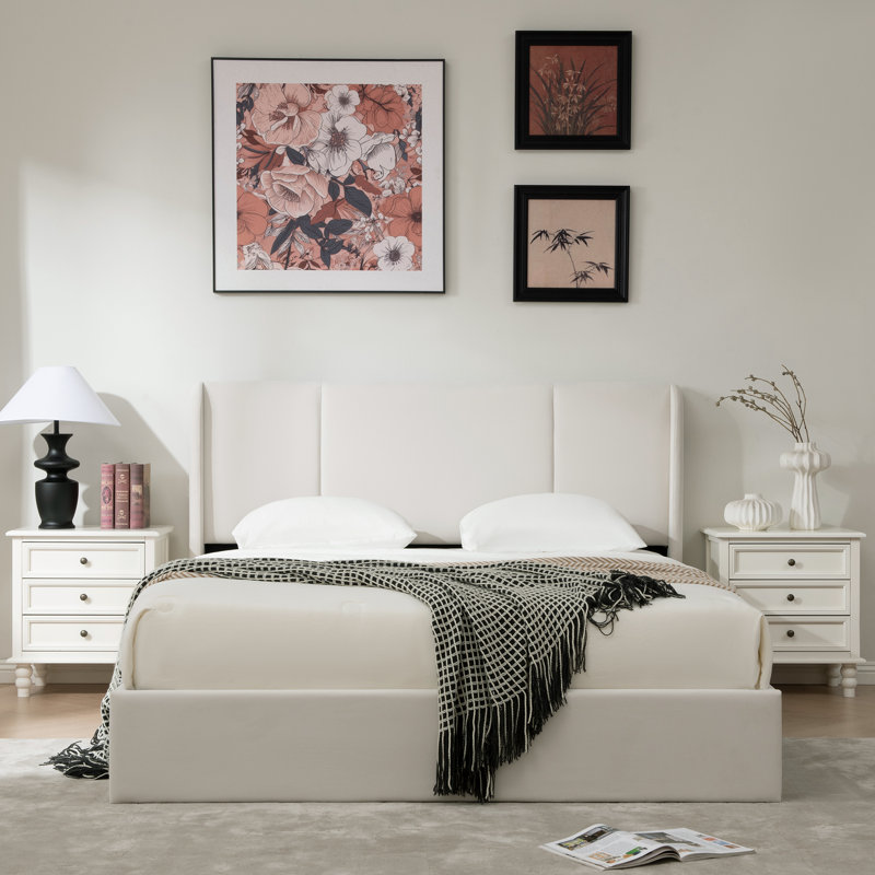 Juanetta Hydraulic Lift Up Storage Wingback Upholstered Platform Bed, White, Queen