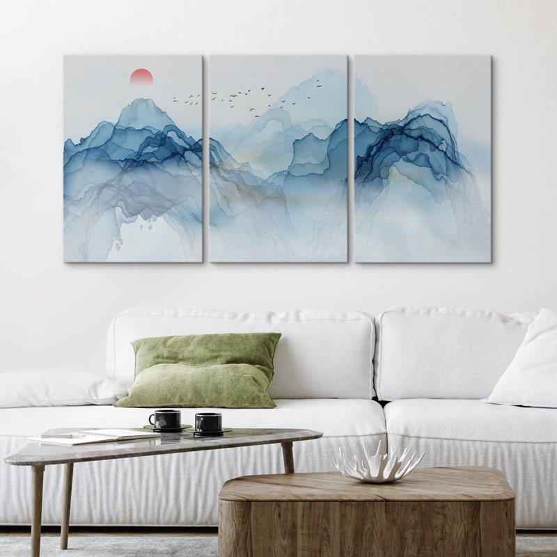 Paysage abstrait, vague bleue, chaîne de montagnes, paysage, illustrations abstraites, Mid-Century, minimalisme moderne, scénique