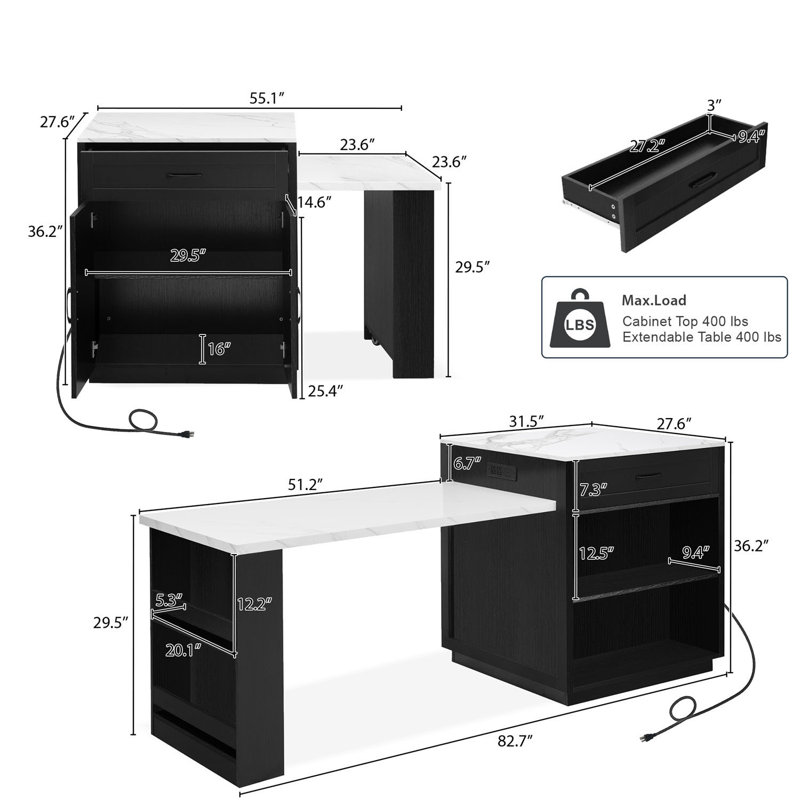 Kitchen Island With Extendable Table, Black