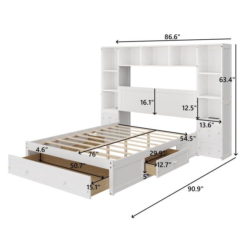 Wood Platform Bed Frame With Bookcase Headboard And Built-In Nightstands, Full
