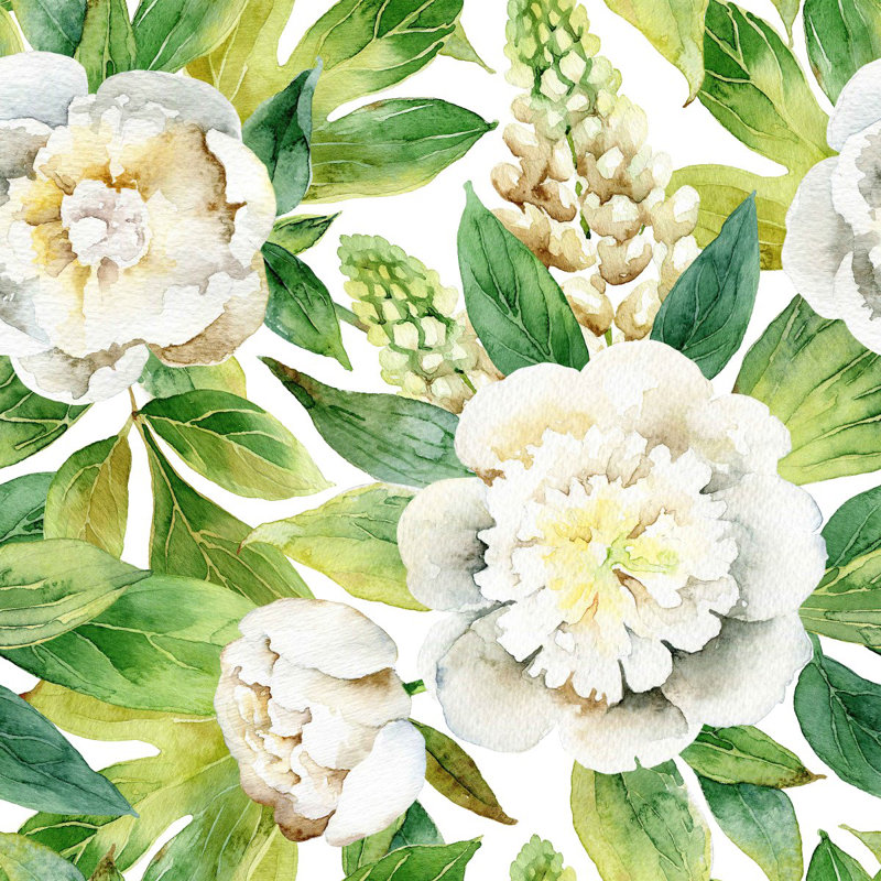Green Leaves With White Flowers Wallpaper, 3' L x 100" W