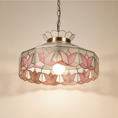 Single Head  Vintage Stained Glass Pendant Light, Pink Lotus Flower Hanging Lamp With Adjustable Chain