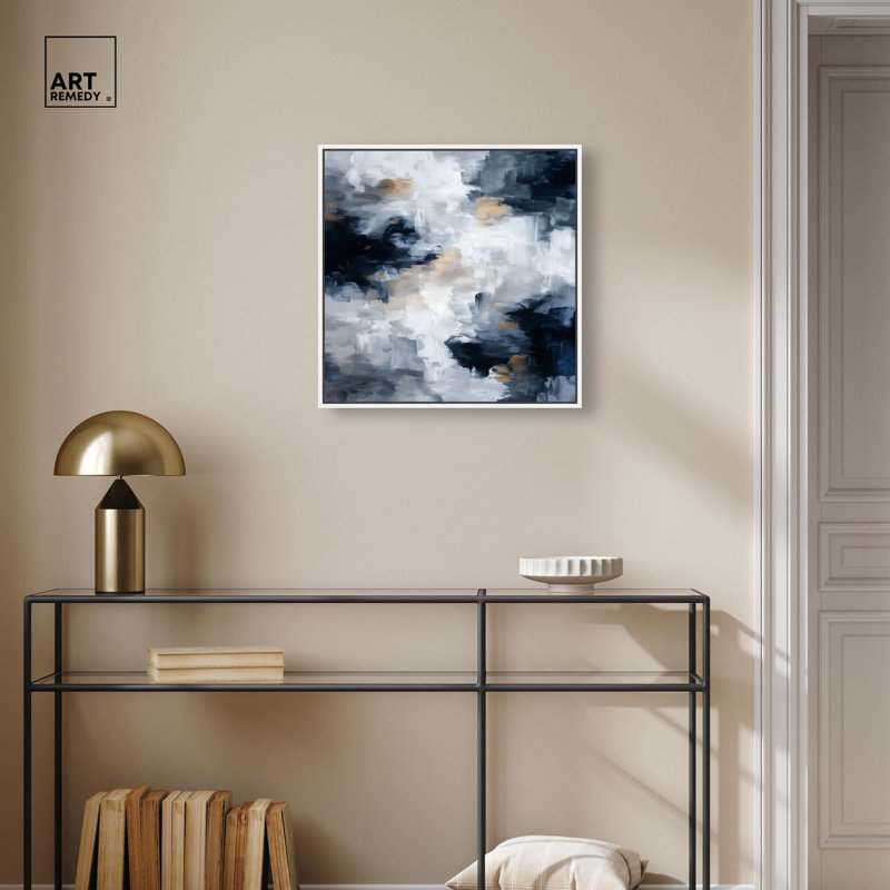 Art mural abstrait Midnight and Ivory II par Art Remedy, H 21 po x l 21 po, Cadre flottant blanc