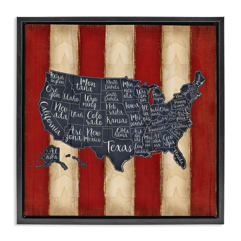 Carte des États-Unis avec rayures, Cadre flottant noir de jais, H 25 po x l 25 po