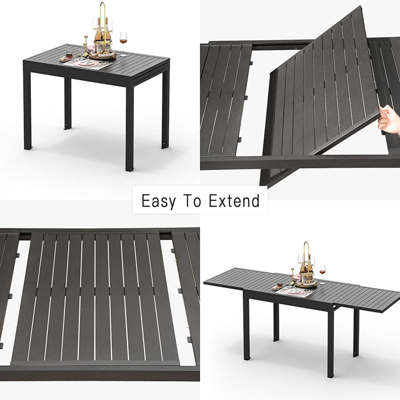 Table d'extérieur rectangulaire extensible en aluminium noir, pour 6 à 8 personnes, idéale pour terrasse, jardin ou porche. Finition rouille. Style bistro, noir, pliable.